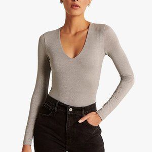 NWOT Abercrombie Long-Sleeve Sparkle Silver V-Neck Bodysuit, Size XS